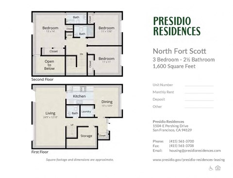 Floor plan for 3 beds, 2.5 baths, 1600 sqft